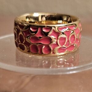 Coach Signature C Gold and Pink Enamel Ring Size 7 EUC
